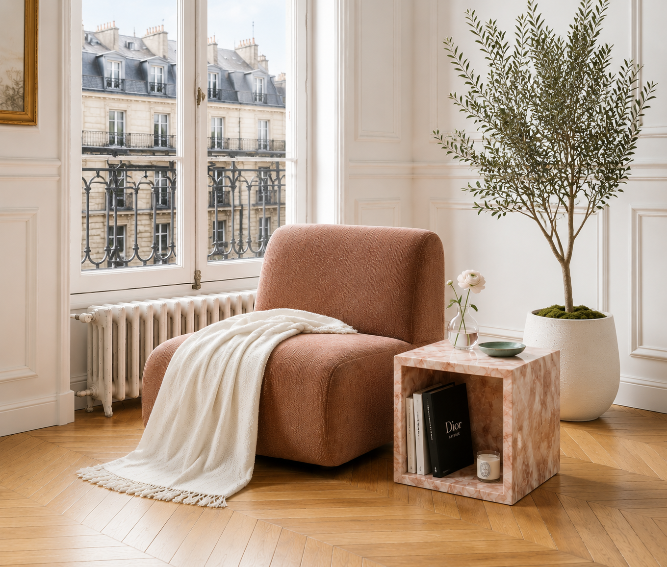 Iéna cube side table in Oriental Pink marble — styled view