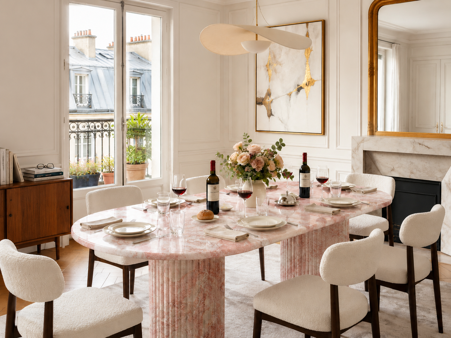 Montaigne dining table in Oriental Pink marble — view 1
