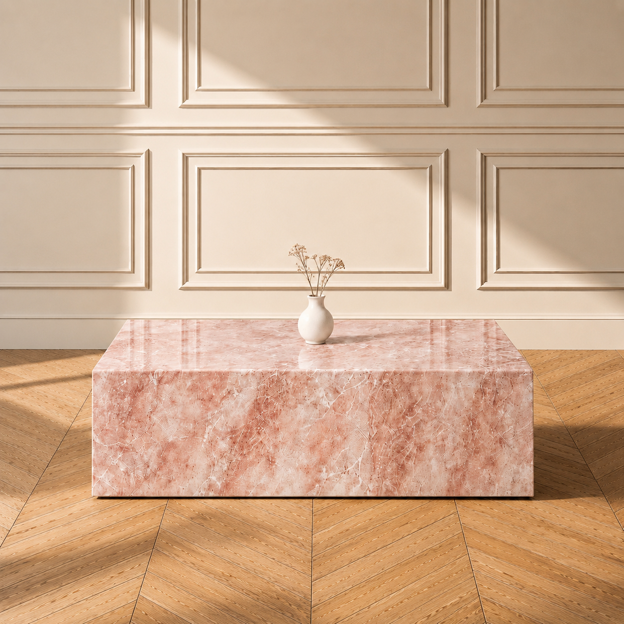 Faubourg coffee table in Oriental Pink marble — view 1