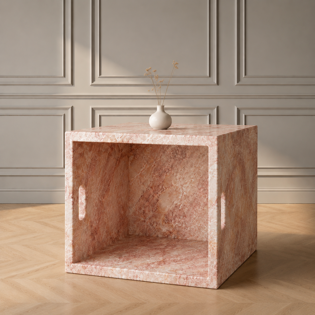 Iéna cube side table in Oriental Pink marble — detail view