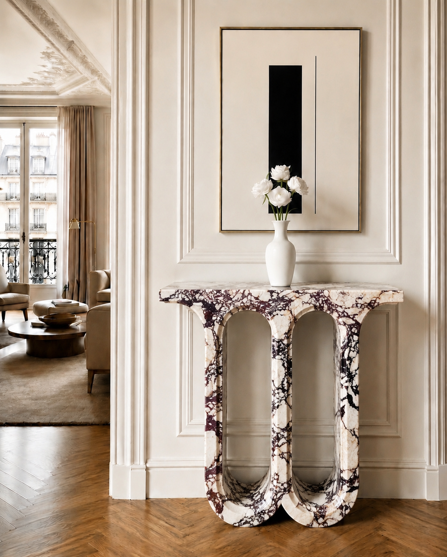 Miromesnil console in Calacatta Viola marble