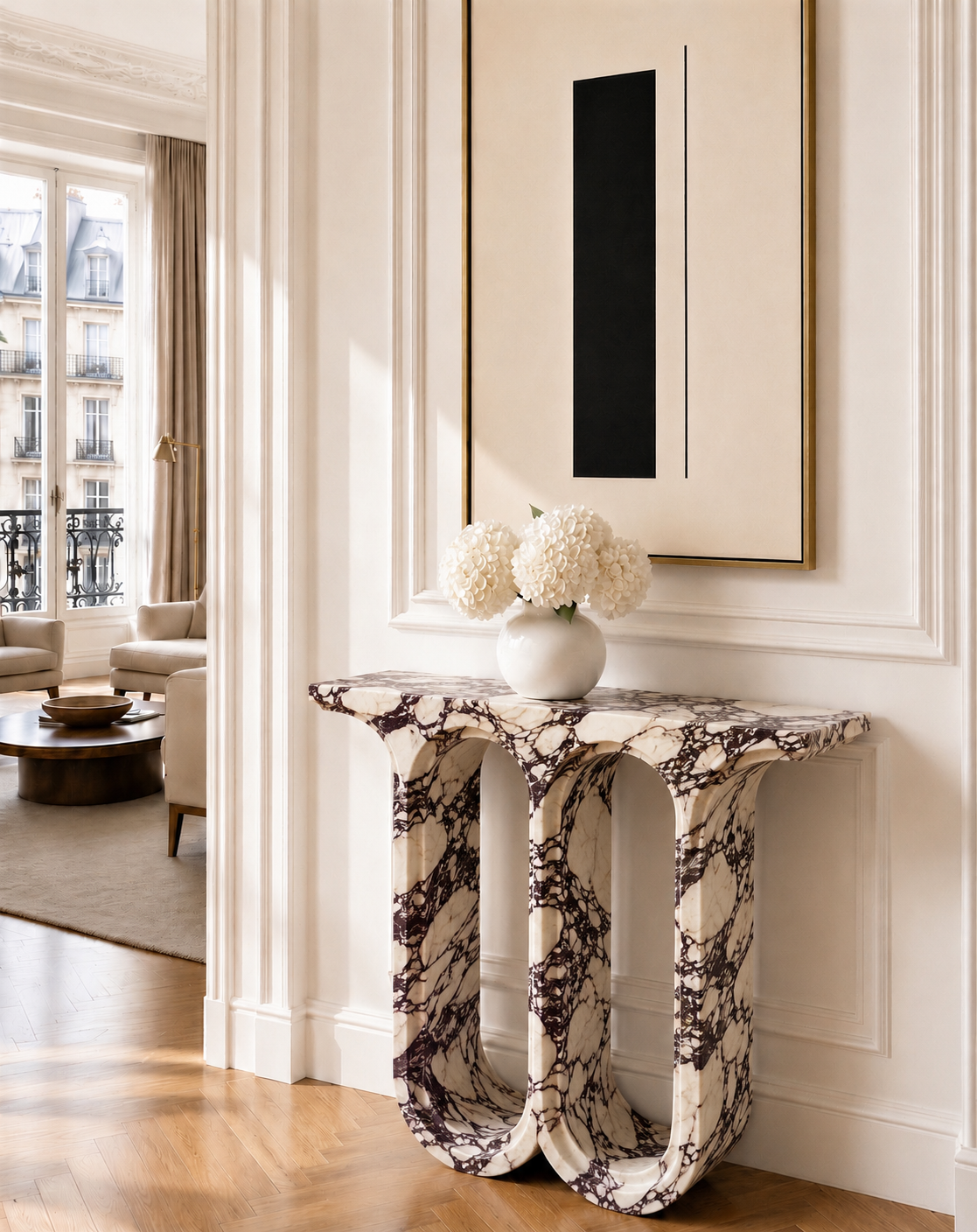 Miromesnil console in Calacatta Viola marble — alternate view