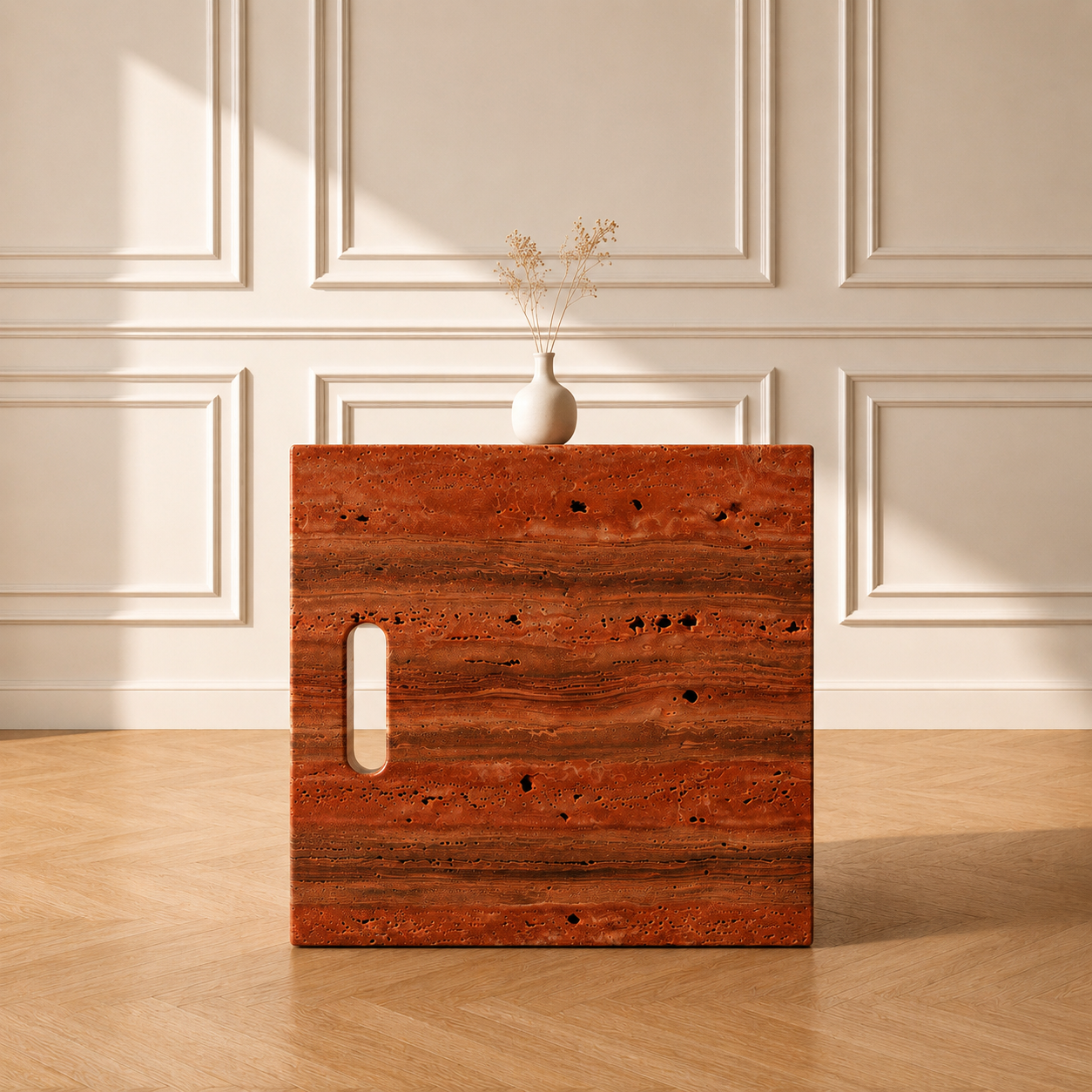 Iéna cube side table in Red Travertine, styled with a vase against a panelled wall on a chevron wood floor