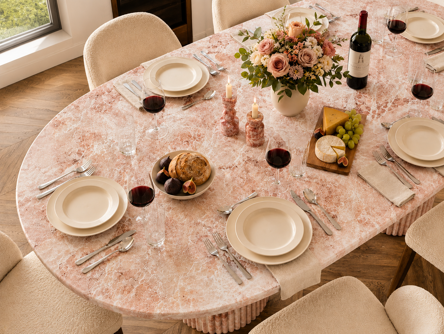 Montaigne dining table in Oriental Pink marble — view 2