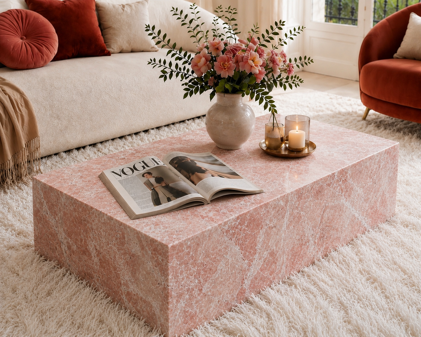 Faubourg coffee table in Oriental Pink marble — view 2