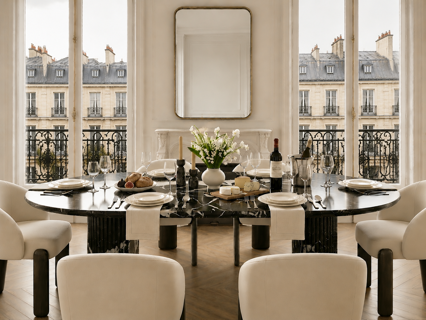 Montaigne dining table in Nero Antico marble — view 1