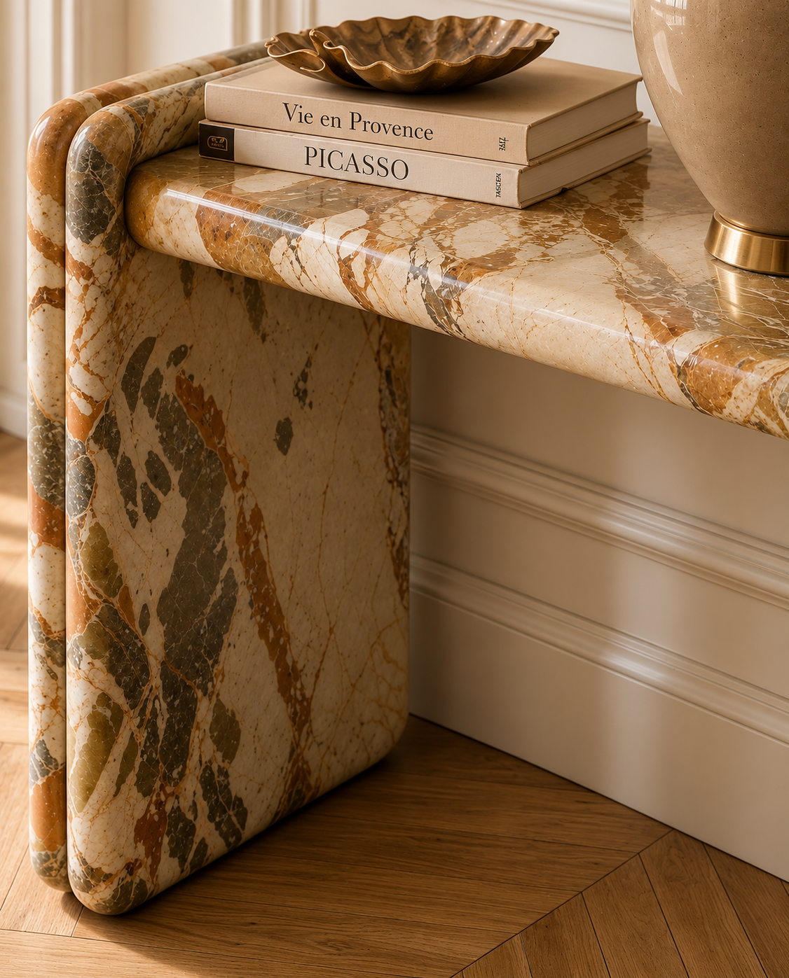 Penthièvre console in Breccia Cream marble — styled