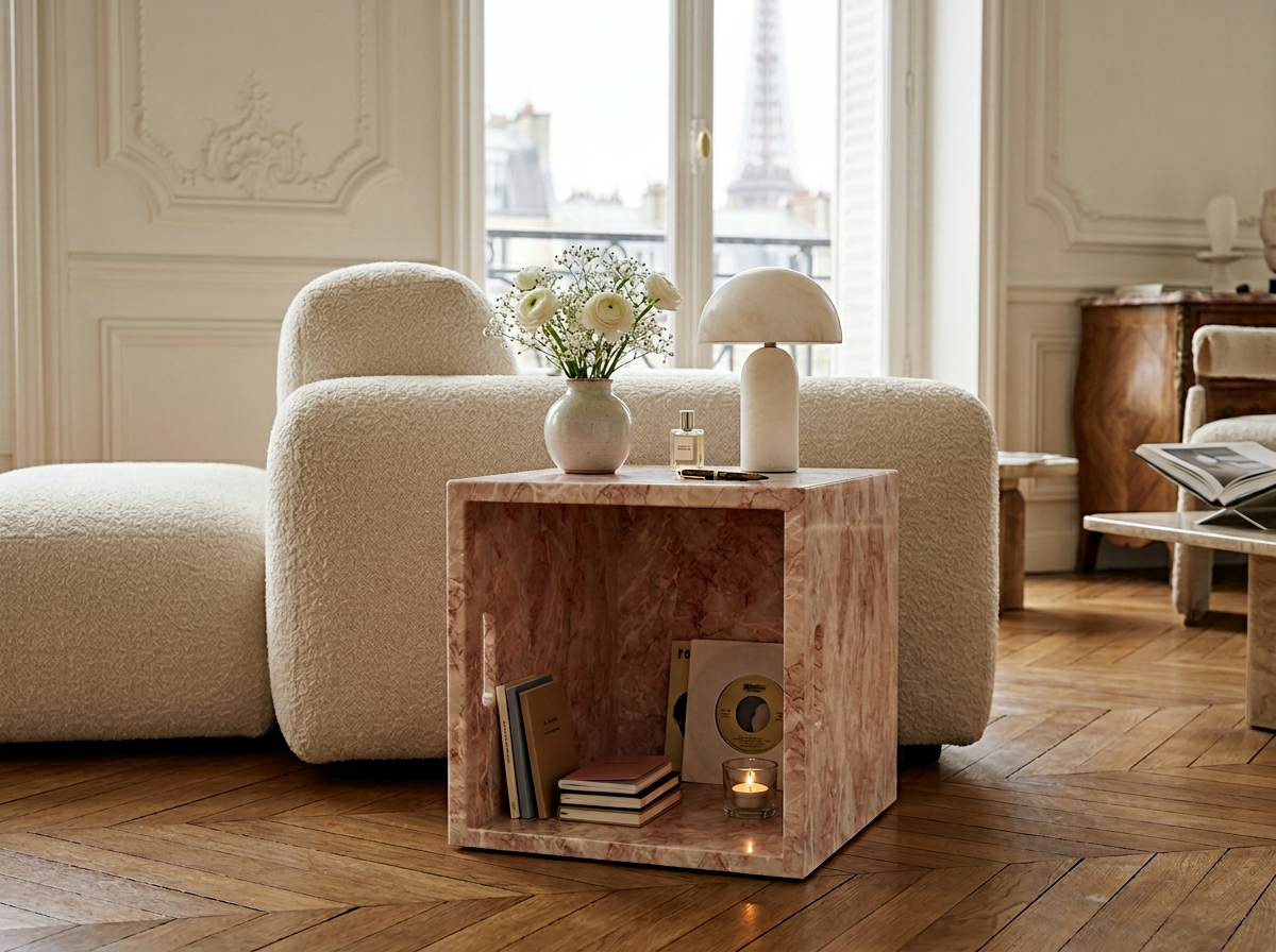 Iéna cube side table in Oriental Pink marble — alternate view