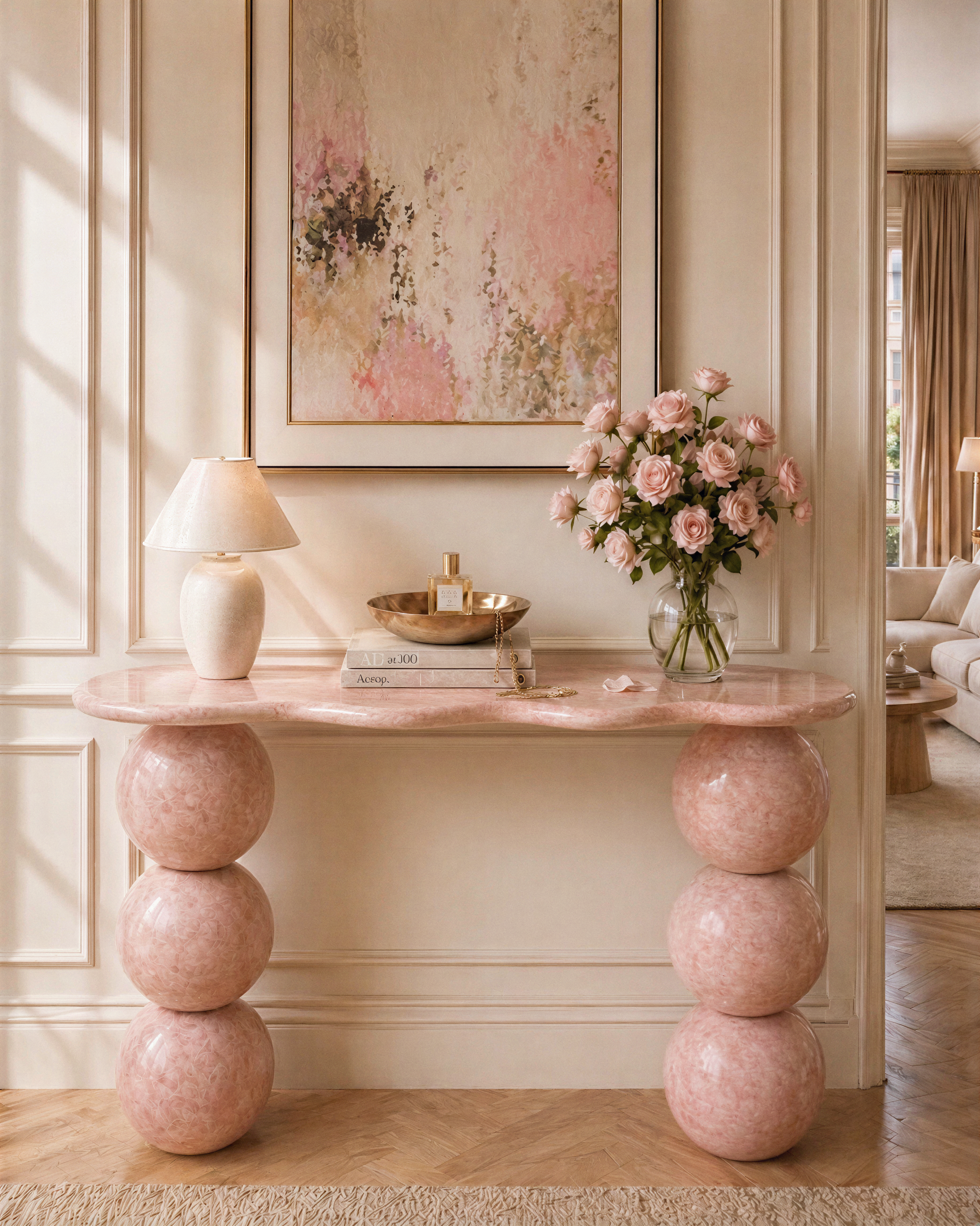 Molitor console in Oriental Pink marble, styled in a Parisian entryway