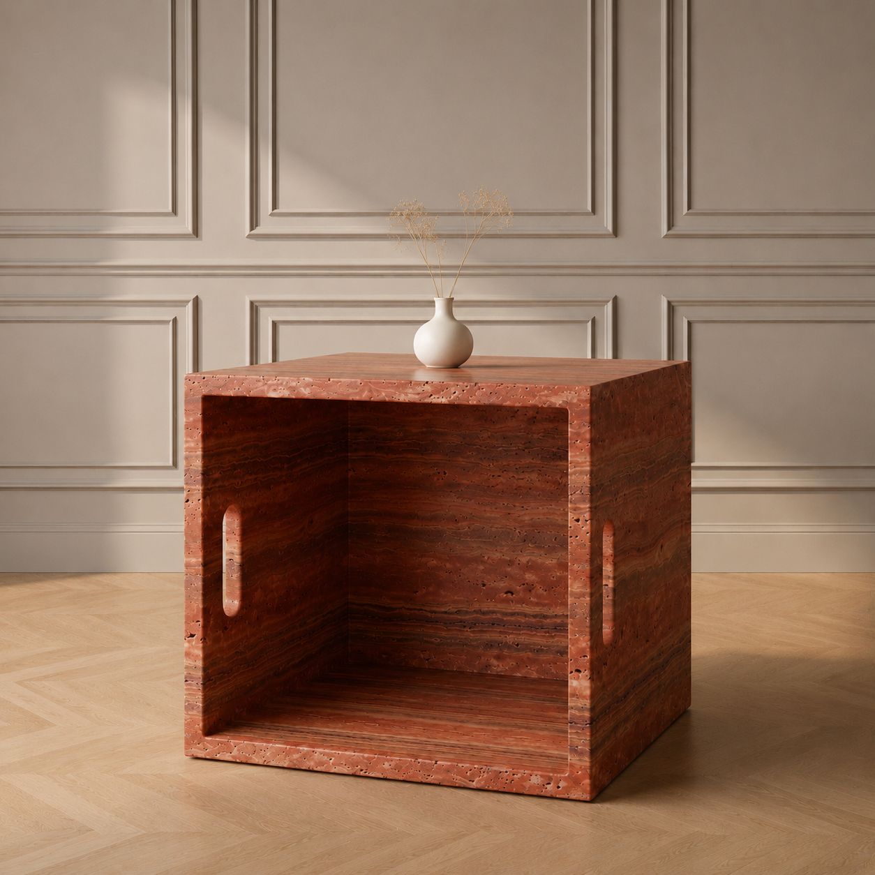 Iéna cube side table in Red Travertine — detail view