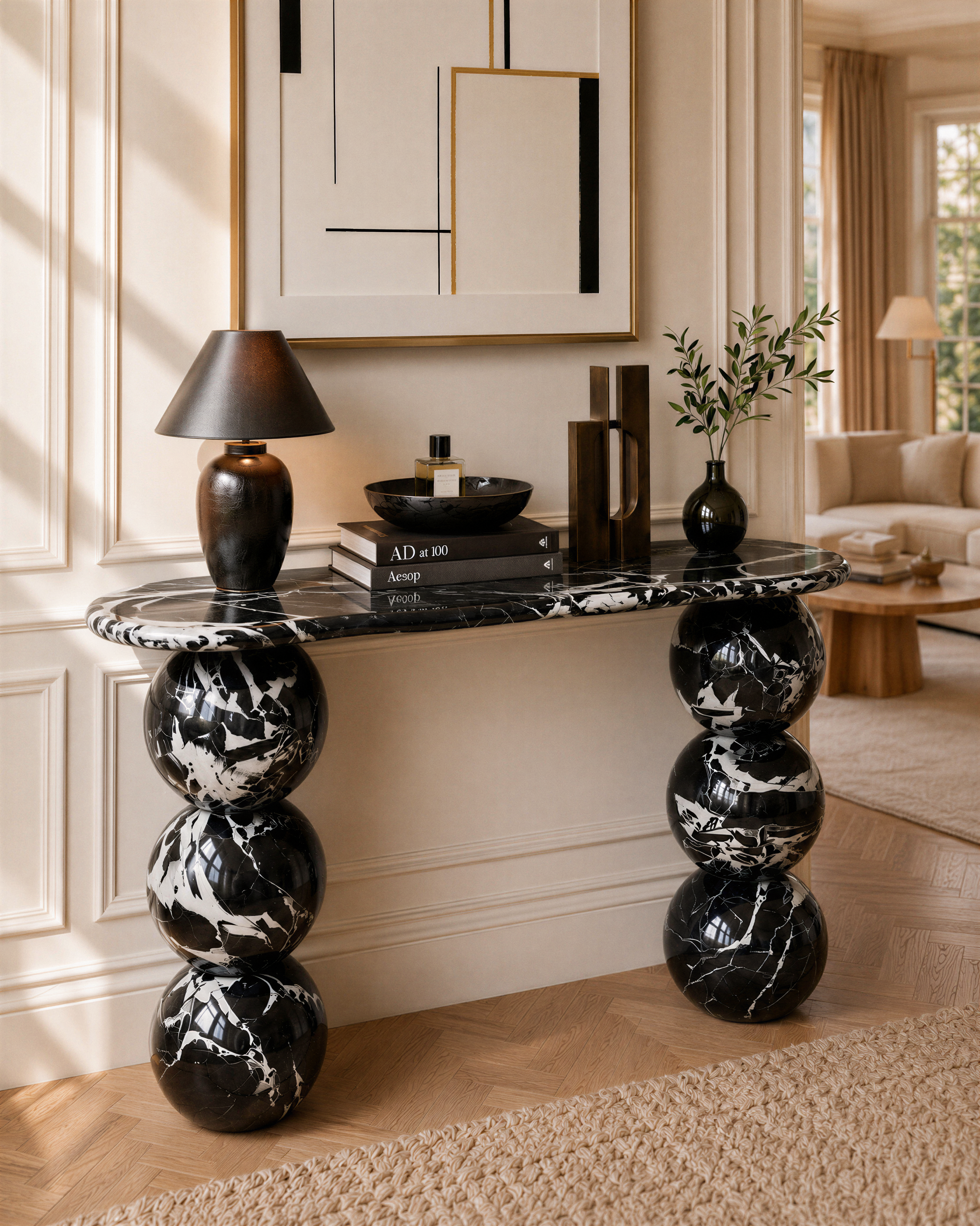 Molitor console in Nero Antico marble — styled front view