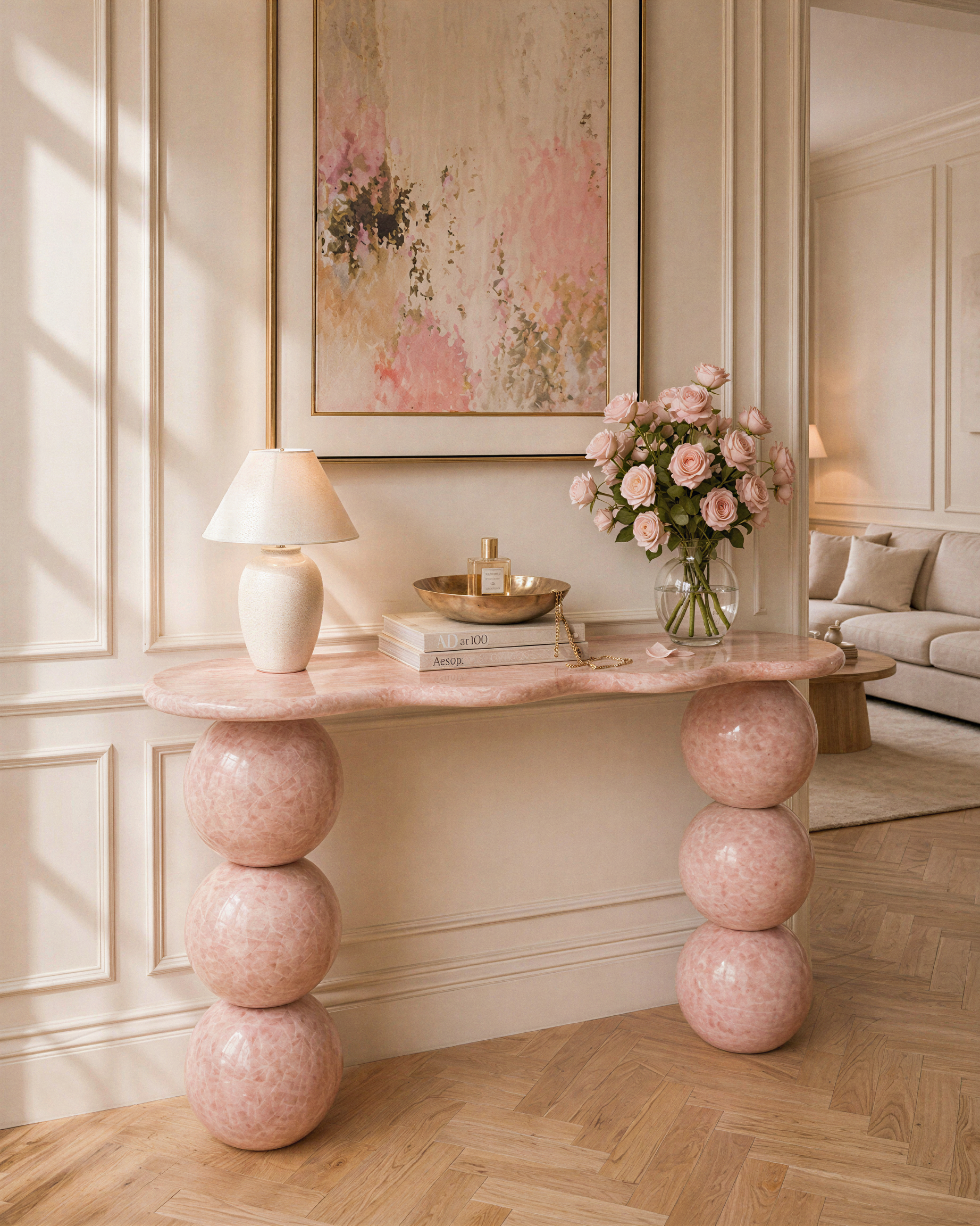 Molitor console in Oriental Pink marble — styled front view